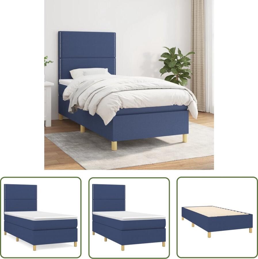 The Living Store Boxspringbed Blauw 203 x 90 x 118 128 cm Pocketvering matras Middelharde ondersteuning Huidvriendelijk topmatras Boxspringbed Boxspring Tweepersoonsbed Slaapcomfort Matras