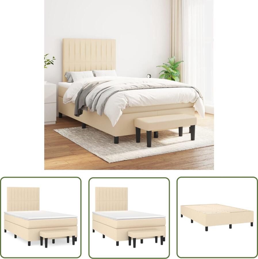 The Living Store Boxspringbed crème 203 x 120 x 118 128 cm met verstelbaar hoofdbord Boxspringbed Boxspring Creme Kleurig Bed Tweepersoonsbed Slaapcomfort