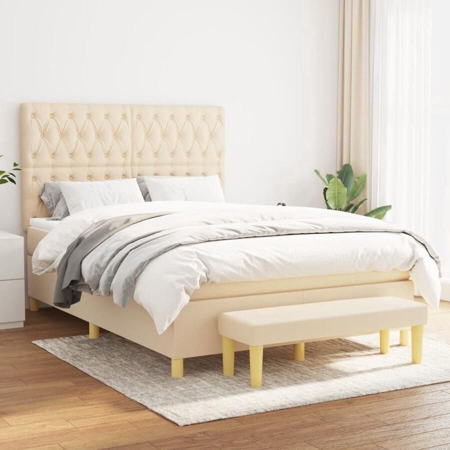 The Living Store Boxspringbed X 140 x 190 cm Crème Pocketvering Matras Verstelbaar Hoofdbord Huidvriendelijk Topmatras Multifunctioneel Bankje Boxspringbed Boxspring Bed Creme Kleurtoneel Tweepersoonsbed