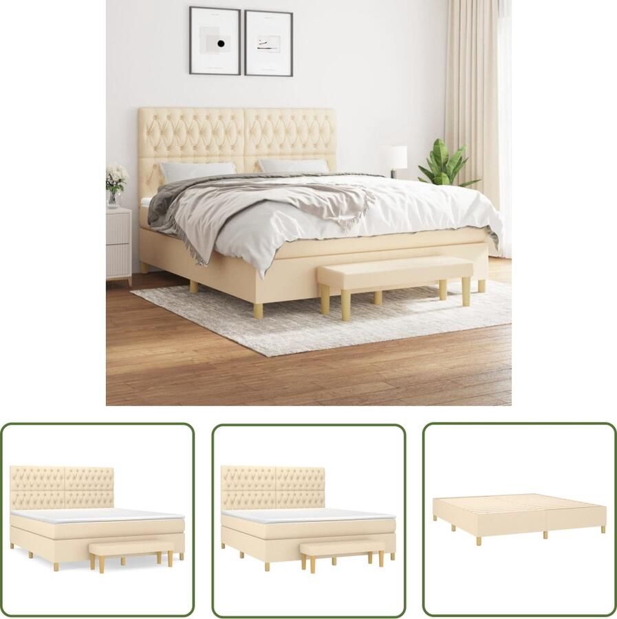 The Living Store Boxspringbed Crème 203 x 180 x 118 128 cm Verstelbaar hoofdbord Pocketvering matras Middelharde ondersteuning Huidvriendelijk topmatras Multifunctioneel bankje
