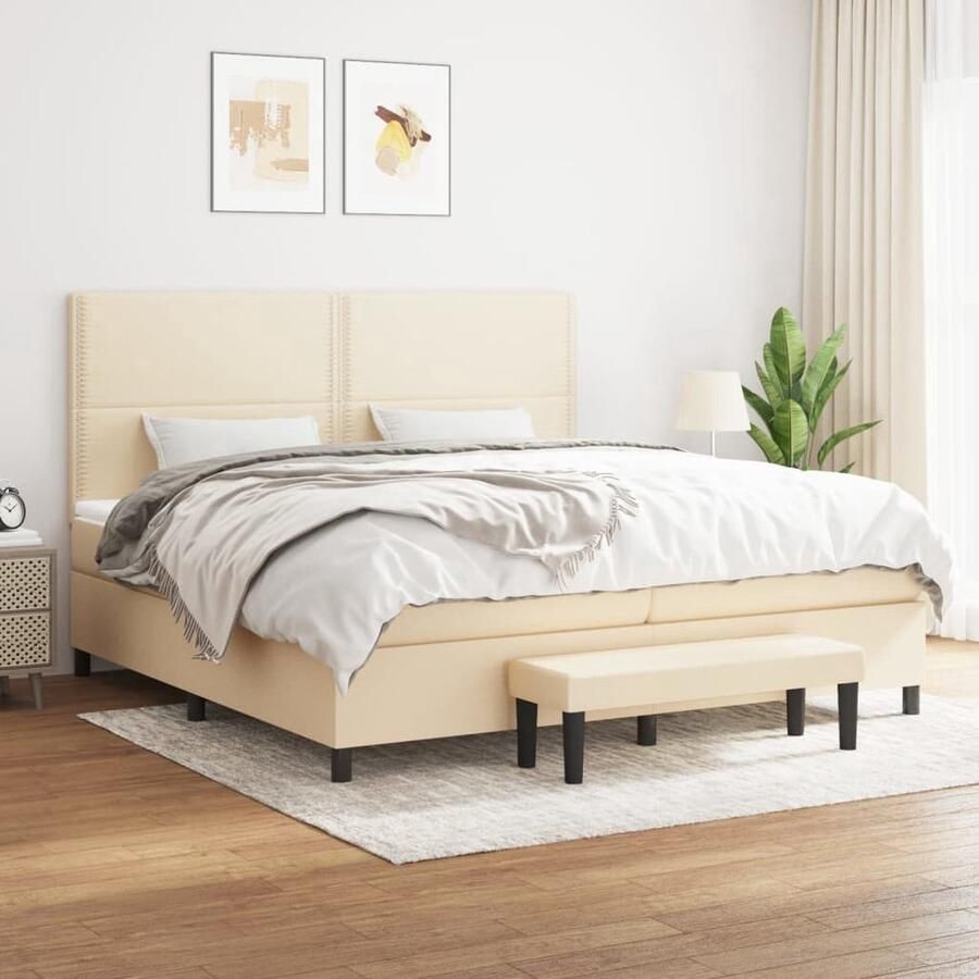 The Living Store Boxspring met matras stof crèmekleurig 200x200 cm Boxspringbed Boxspring Creme Kleurig Tweepersoons Bed Slaapcomfort