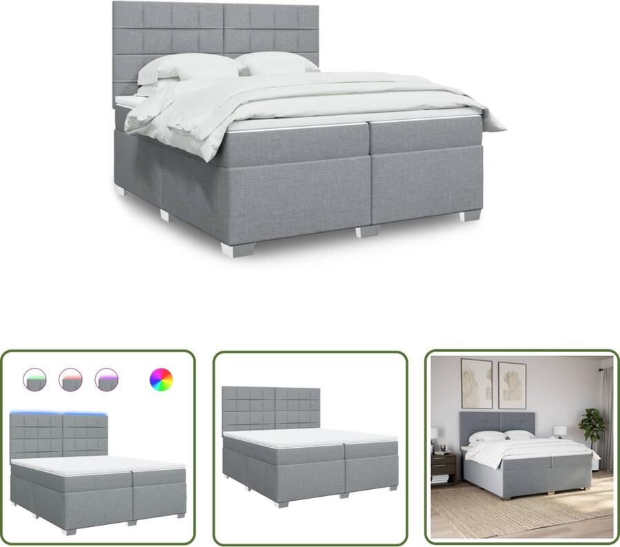 The Living Store Boxspring met matras stof lichtgrijs 200x200 cm Boxspringbed Boxspring Led Lamp Tweepersoonsbed Groot Bed