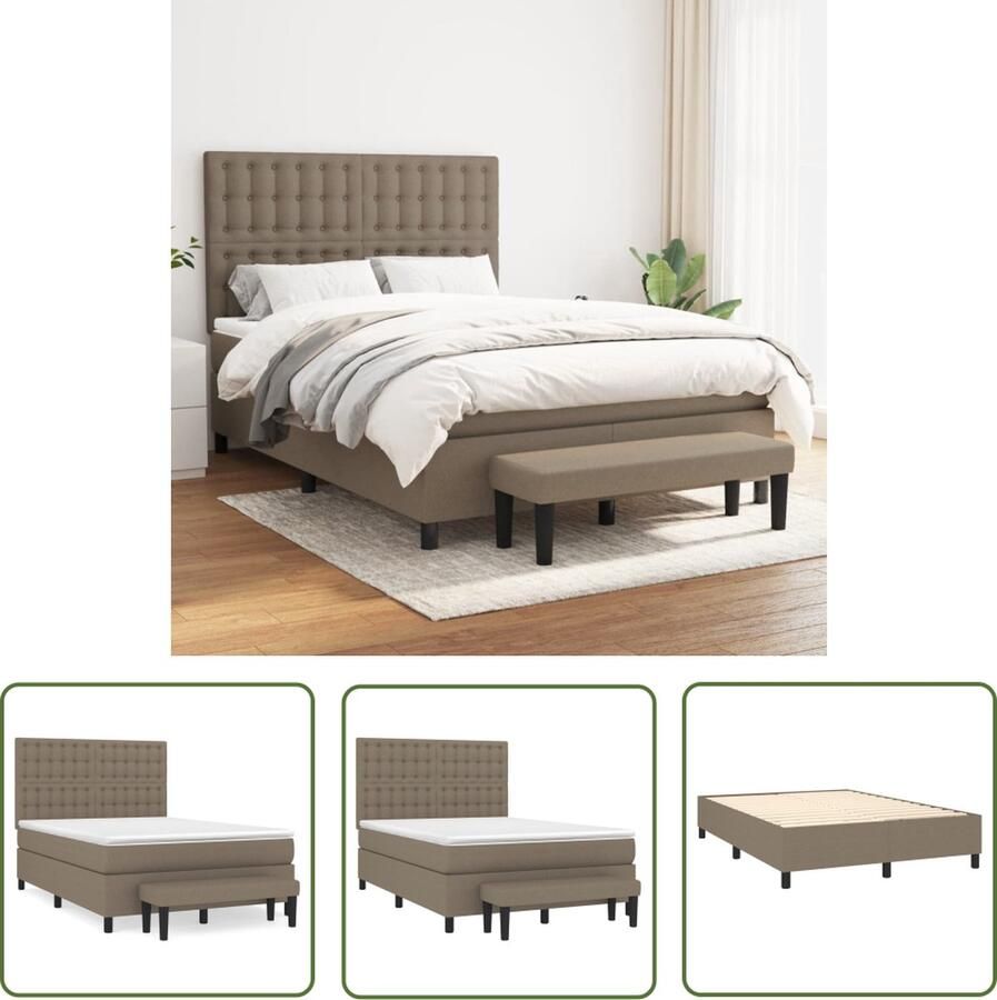 The Living Store Boxspringbed Taupe 203 x 144 x 118 128 cm Duurzaam materiaal Verstelbaar hoofdbord Pocketvering matras Middelharde ondersteuning Huidvriendelijk topmatras Multifunctioneel bankje
