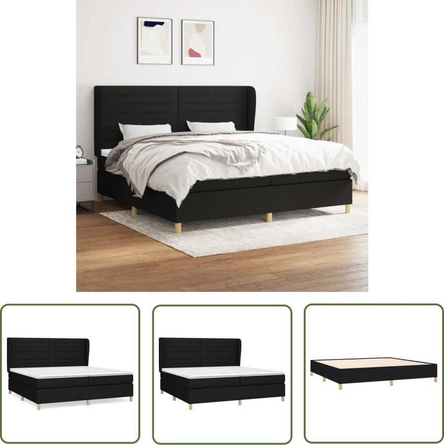 The Living Store Boxspringbed Pocketvering 203x203x128 cm Zwart stof Verstelbaar hoofdbord Middelharde ondersteuning Huidvriendelijk topmatras Boxspringbed Boxspring Tweepersoonsbed Slaapcomfort Pocketing Matras