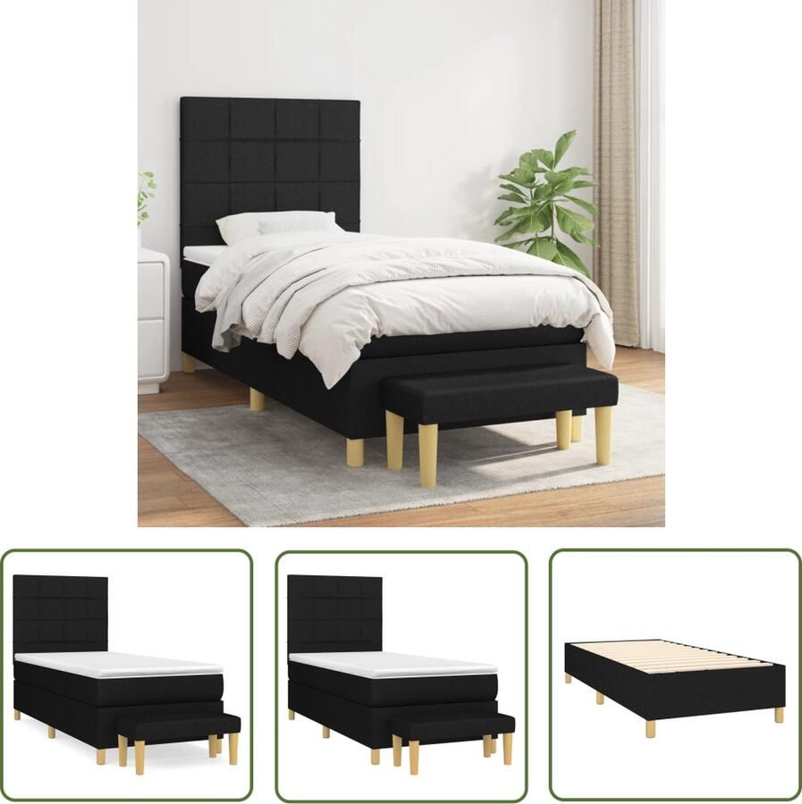 The Living Store Boxspringbed Bedframe 203 x 90 x 118 128 cm Pocketvering matras 90 x 200 x 20 cm Huidvriendelijk topmatras 90 x 200 x 5 cm Multifunctioneel bankje Zwart Boxspringbed Boxspring Tweepersoonsbed Bed Frame Zitzitting