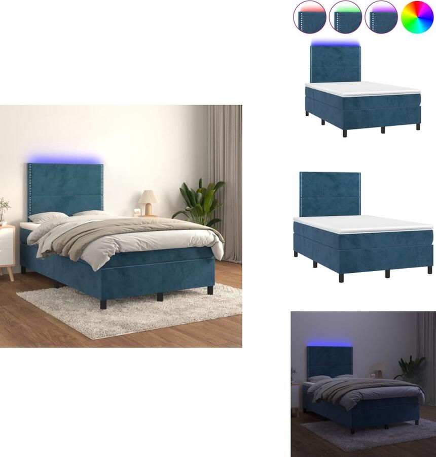VidaXL Bedframe Donkerblauw Fluweel 203x120x118 128 Pocketvering Matras 120x200x20 Topmatras 120x200x5 LED-strip 55cm Bed - Foto 2