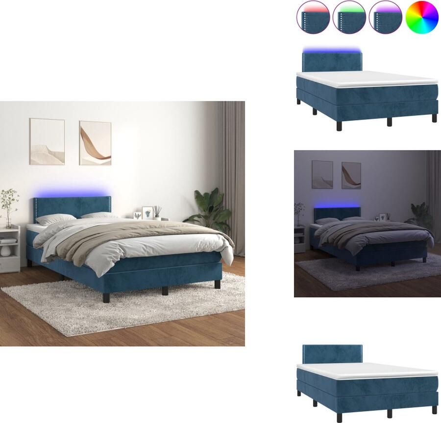VidaXL Bedframe Donkerblauw Fluweel 203x120x118 128 Pocketvering Matras 120x200x20 Topmatras 120x200x5 LED-strip 55cm Bed