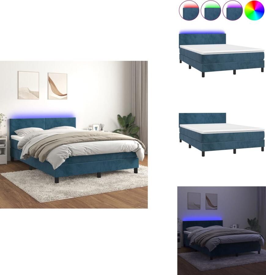 VidaXL Boxspring Boxsprings Bed Slaapmeubel Boxspring met matras en LED fluweel donkerblauw 140x190 cm - Foto 2
