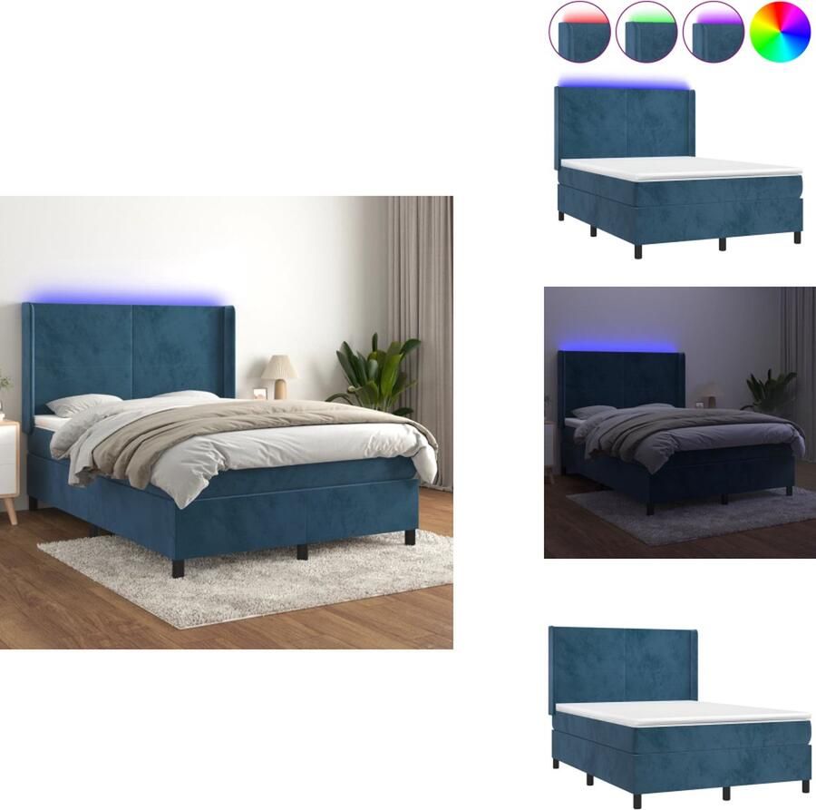 VidaXL Boxspring Boxsprings Bed Slaapmeubel Boxspring met matras en LED fluweel donkerblauw 140x190 cm
