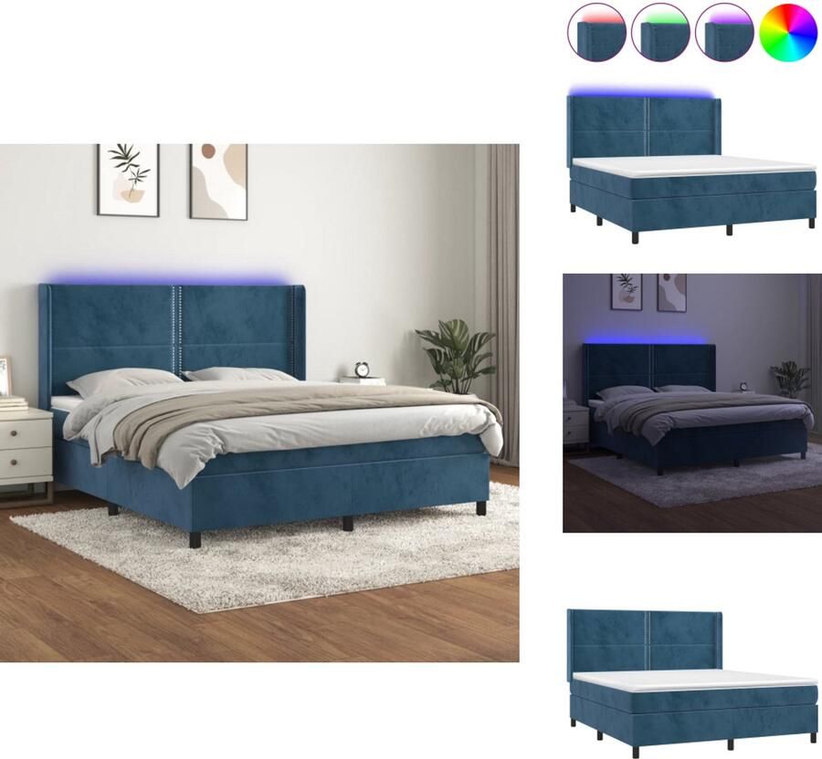 VidaXL Boxspring Boxsprings Bed Slaapmeubel Boxspring met matras en LED fluweel donkerblauw 180x200 cm - Foto 4