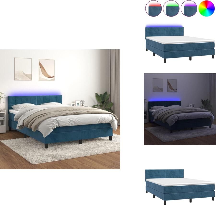 VidaXL Boxspring Bed fluweel donkerblauw 203x144x78 88 cm met verstelbaar hoofdbord en LED-verlichting pocketvering matras huidvriendelijk topmatras inclusief montagehandleiding Bed - Foto 3