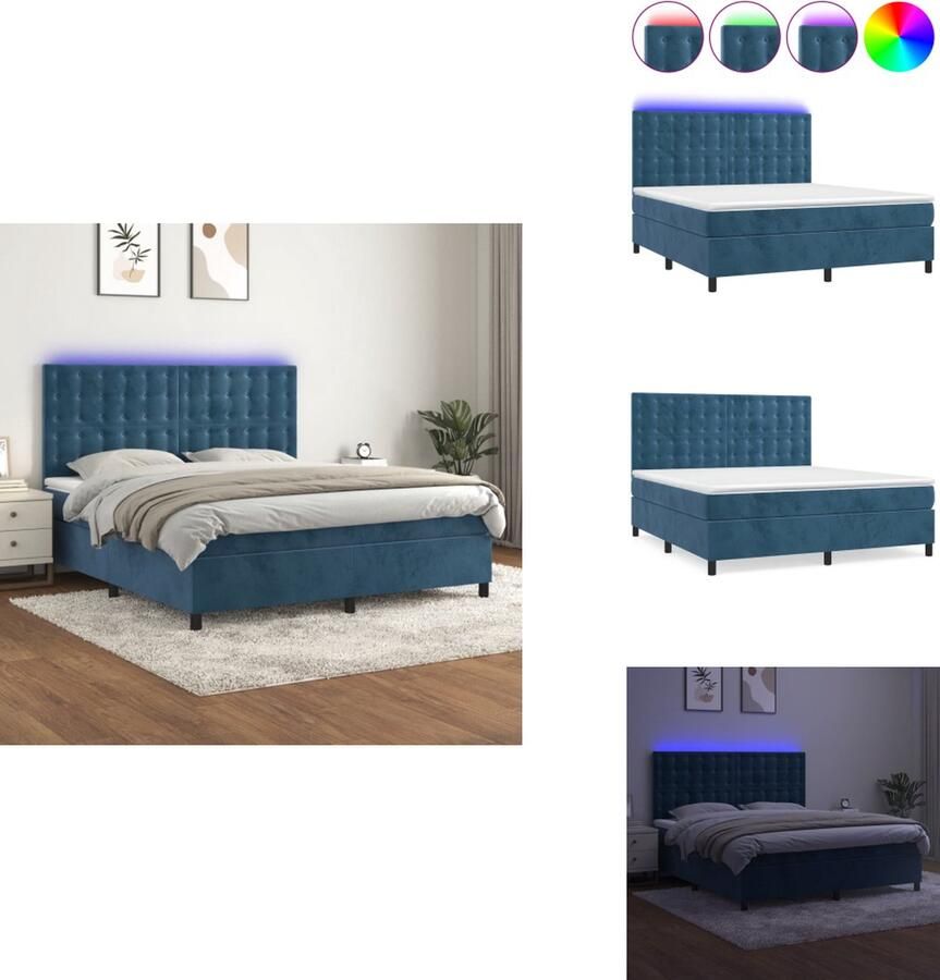 VidaXL Boxspring Bed Donkerblauw Fluweel Pocketvering Matras Huidvriendelijk Topmatras Kleurrijke LED-verlichting Bed - Foto 3