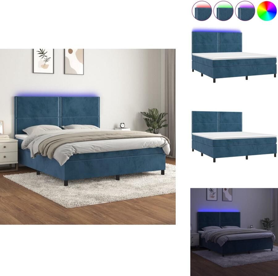 VidaXL Boxspring Bed Donkerblauw Fluweel Pocketvering Matras Huidvriendelijk Topmatras Kleurrijke LED-verlichting Bed