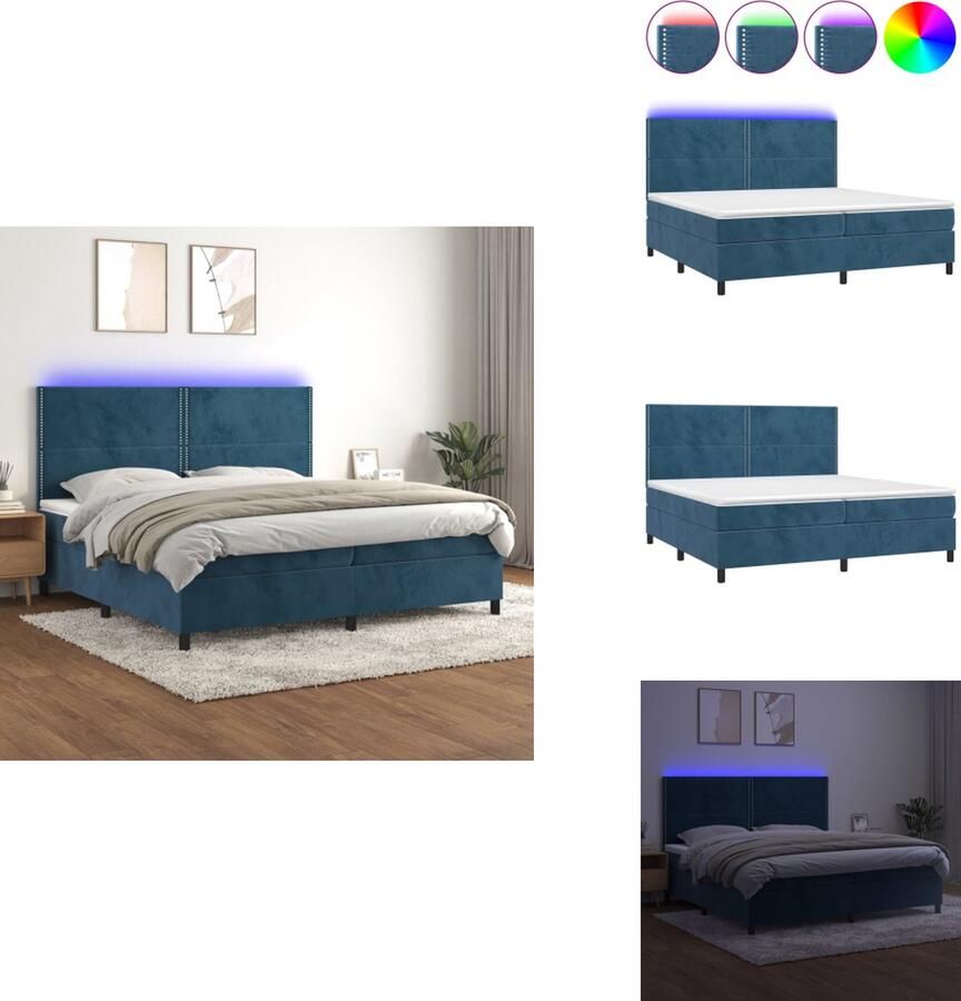 VidaXL Boxspring fluweel 203 x 200 x 118 128 cm verstelbaar hoofdbord LED-verlichting pocketvering matras huidvriendelijk topmatras donkerblauw Bed