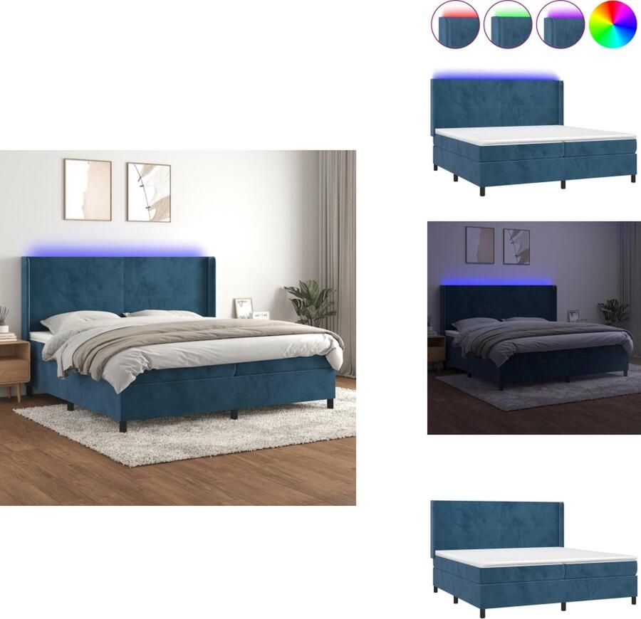 VidaXL Boxspring Donkerblauw fluweel 203 x 203 x 118 128 cm Verstelbaar hoofdbord LED-verlichting Pocketvering matras Huidvriendelijk topmatras Montagehandleiding Bed
