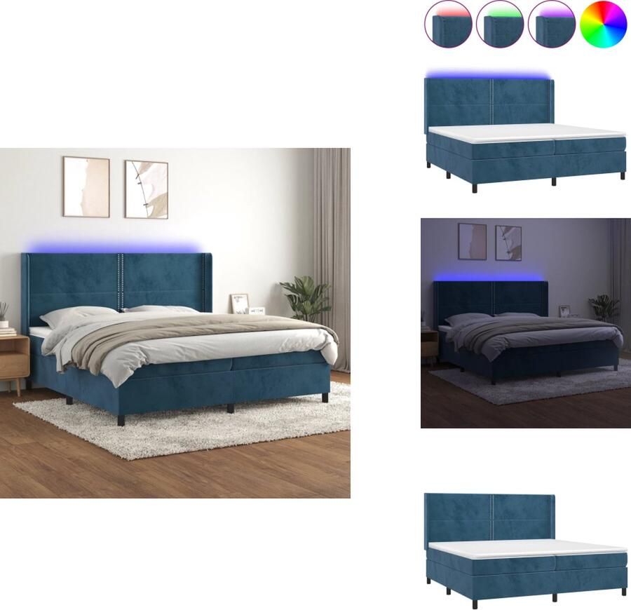 VidaXL Boxspring Boxsprings Bed Slaapmeubel -Boxspring-met-matras-en-LED-fluweel-donkerblauw-200x200-cm