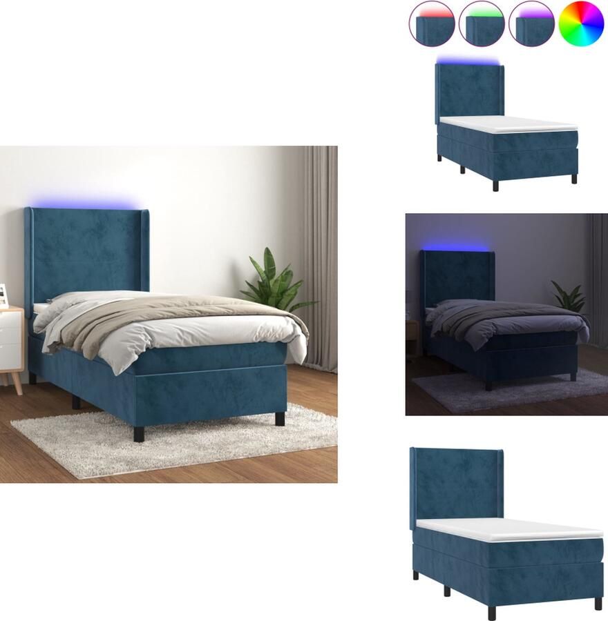 VidaXL Boxspring Donkerblauw Fluweel 203x83x118 128 cm Verstelbaar hoofdbord Kleurrijke LED-verlichting Pocketvering matras Huidvriendelijk topmatras Incl montagehandleiding Bed