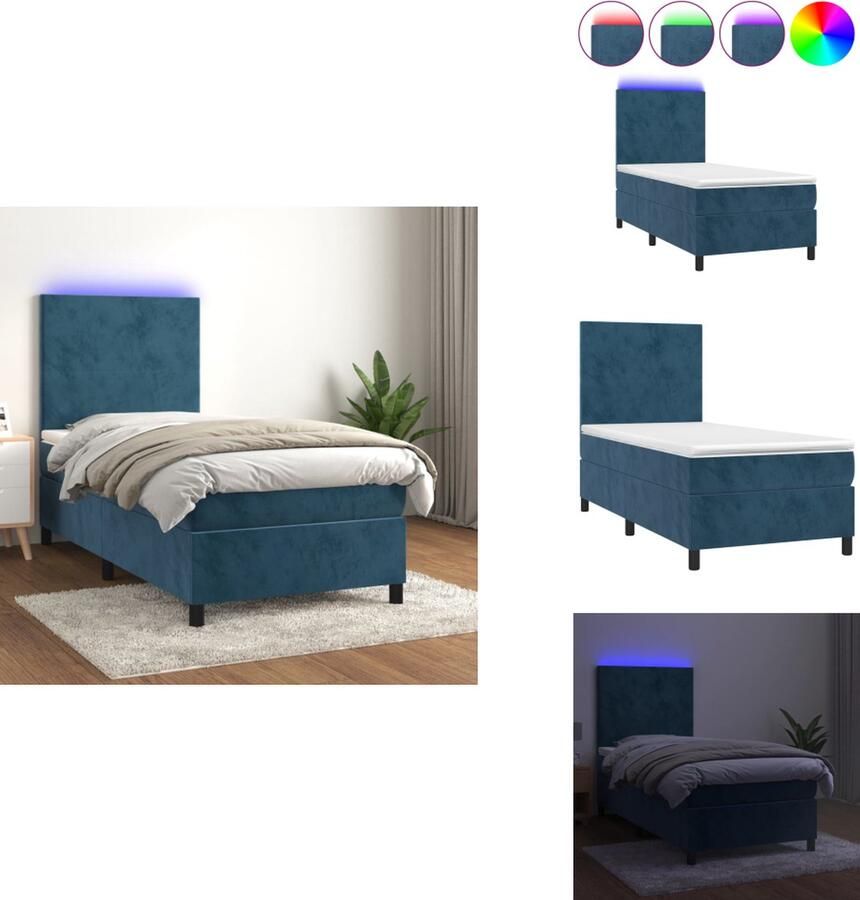 VidaXL Bed Boxspring Blauw Fluweel 203 x 90 x 118 128 cm LED verlichting Pocketvering matras Huidvriendelijk topmatras Bed - Foto 2