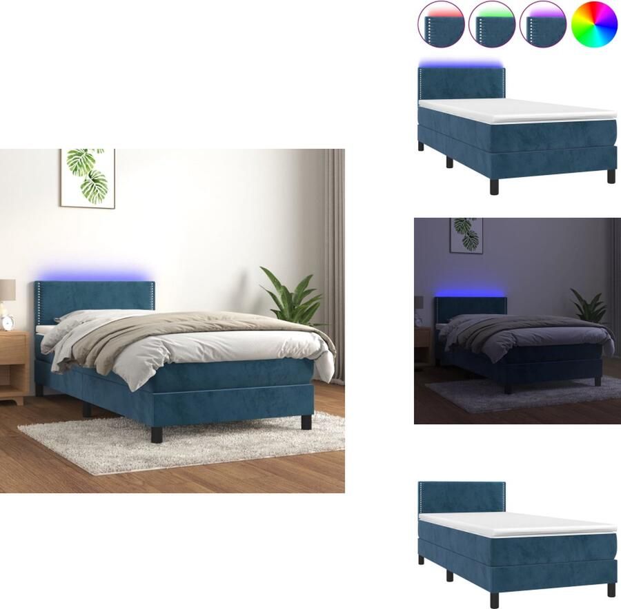 VidaXL Boxspring donkerblauw fluweel 203x90x78 88cm met verstelbaar hoofdbord met kleurrijke LED-verlichting pocketvering matras huidvriendelijk topmatras inclusief montagehandleiding Bed