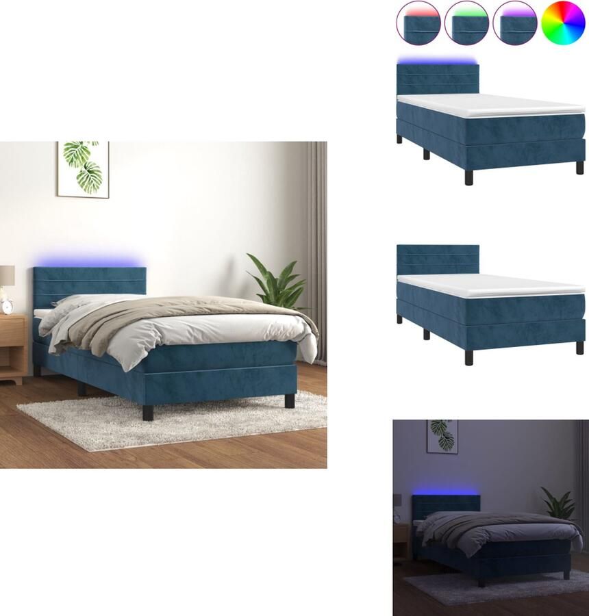 VidaXL Bed met matras en LED Donkerblauw fluweel 193x90x78 88cm Verstelbaar hoofdbord Kleurrijke LED-verlichting Pocketvering matras Huidvriendelijk topmatras Bed - Foto 2