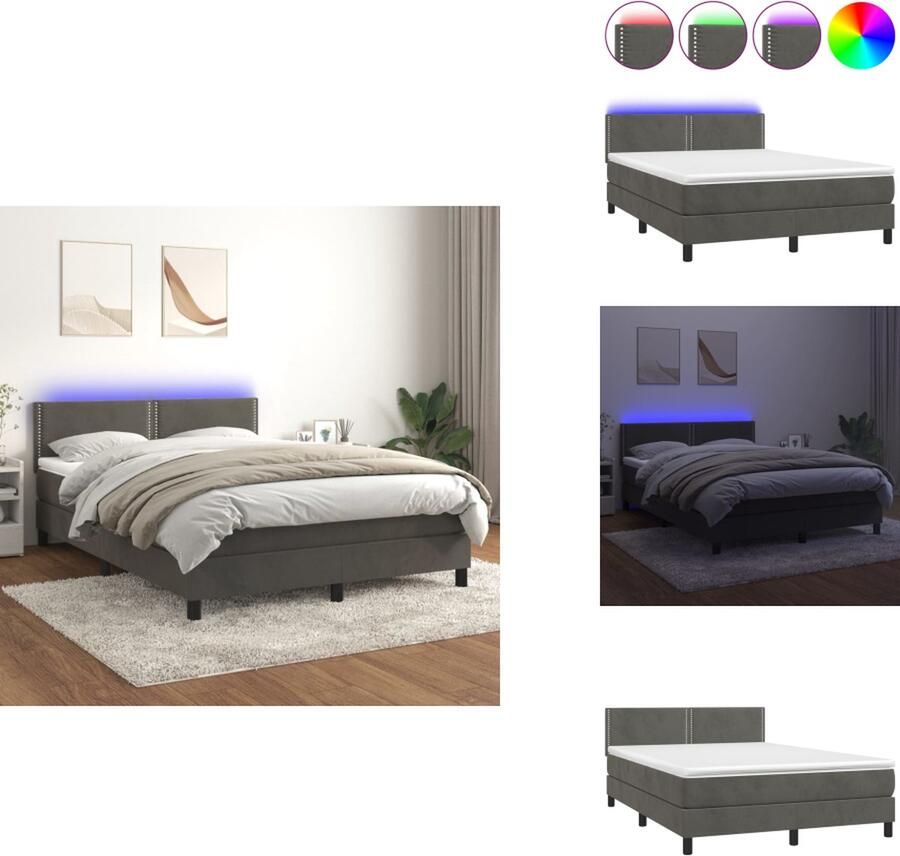 VidaXL Boxspring Bed Donkergrijs Fluweel 203x147x118 128 cm Verstelbaar hoofdbord Kleurrijke LED-verlichting Pocketvering matras Huidvriendelijk topmatras 2 LED-strips Bed - Foto 3