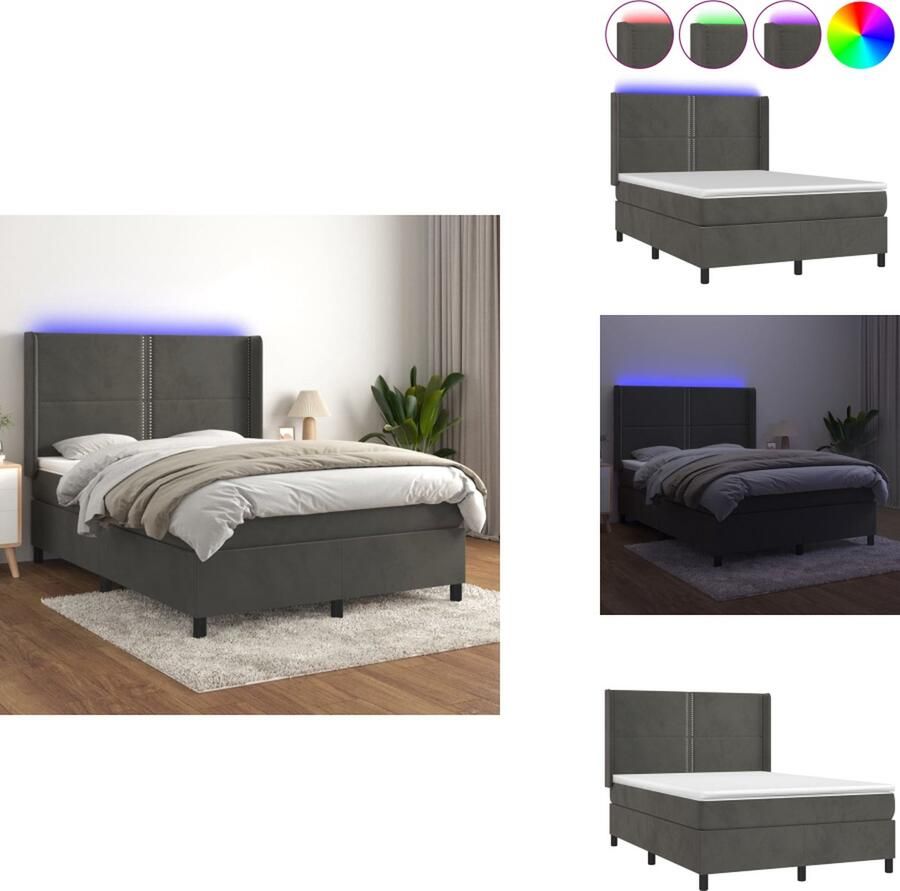 VidaXL Boxspring Donkergrijs Fluweel 193x147x118 128 cm Pocketvering matras 140x190x20 cm Huidvriendelijk topmatras 140x190x5 cm LED inclusief Bed