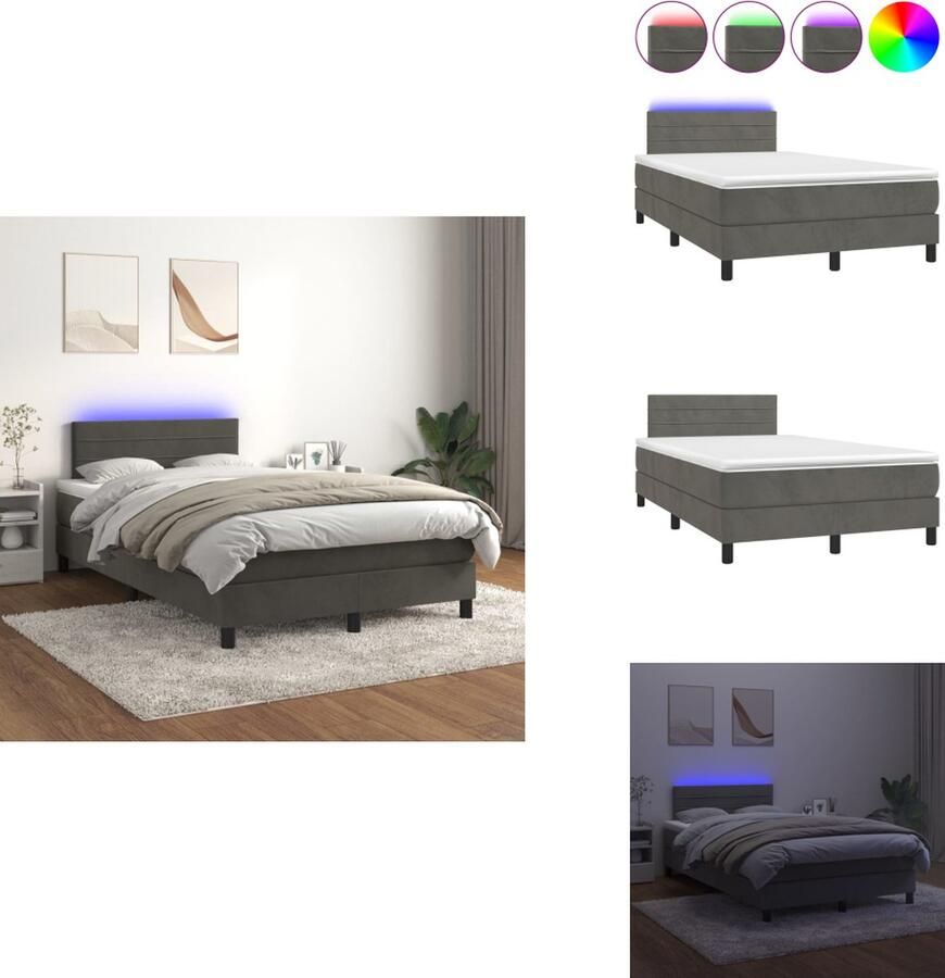 VidaXL Boxspring donkergrijs fluweel 203 x 120 x 78 88 cm verstelbaar hoofdbord kleurrijke LED-verlichting pocketvering matras huidvriendelijk topmatras inclusief montagehandleiding USB-aansluiting Bed