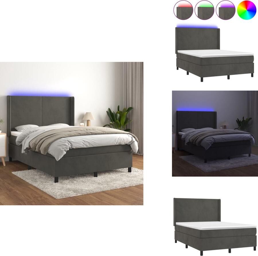 VidaXL Boxspring Bed Donkergrijs Fluweel 203x147x118 128 cm Verstelbaar hoofdbord Kleurrijke LED-verlichting Pocketvering matras Huidvriendelijk topmatras 2 LED-strips Bed
