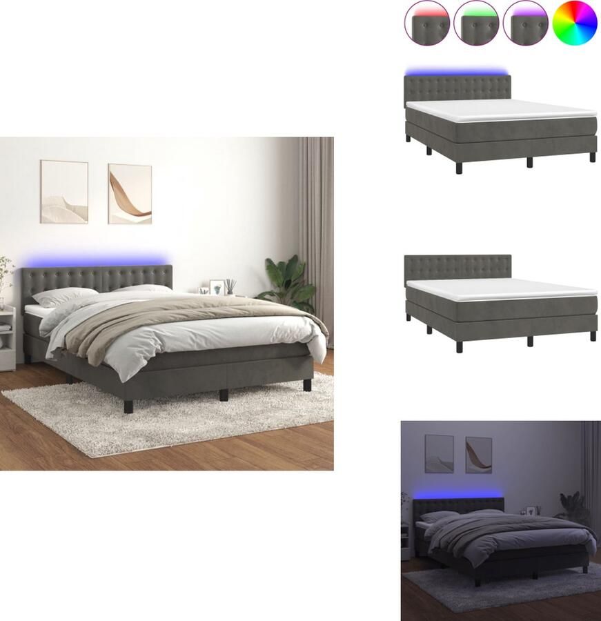 VidaXL Boxspring Pocketvering matras Zacht fluweel Verstelbaar hoofdbord Kleurrijke LED-verlichting Huidvriendelijk topmatras 203x144x78 88 cm donkergrijs Bed