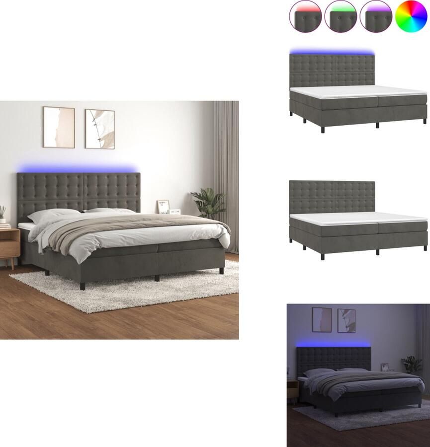 VidaXL Bed Boxspring 203 x 200 cm Zacht fluweel Verstelbaar hoofdbord Kleurrijke LED-verlichting Pocketvering matras Huidvriendelijk topmatras Inclusief montagehandleiding Bed