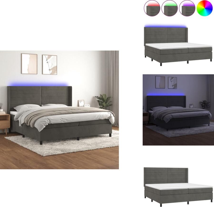VidaXL Boxspring Bed Donkergrijs Fluweel 203 x 200 x 78 88 cm Verstelbaar hoofdbord Kleurrijke LED-verlichting Pocketvering matras Huidvriendelijk topmatras Inclusief LED-strips Bed