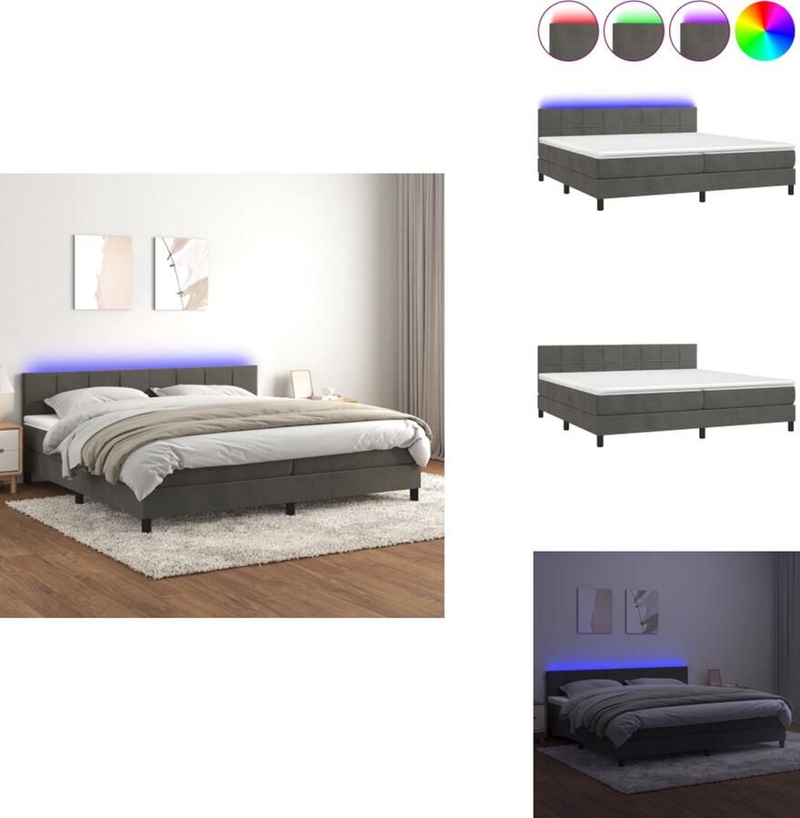 VidaXL Boxspring Bed Donkergrijs Fluweel 203 x 200 x 78 88 cm Verstelbaar hoofdbord Kleurrijke LED-verlichting Pocketvering matras Huidvriendelijk topmatras Inclusief LED-strips Bed