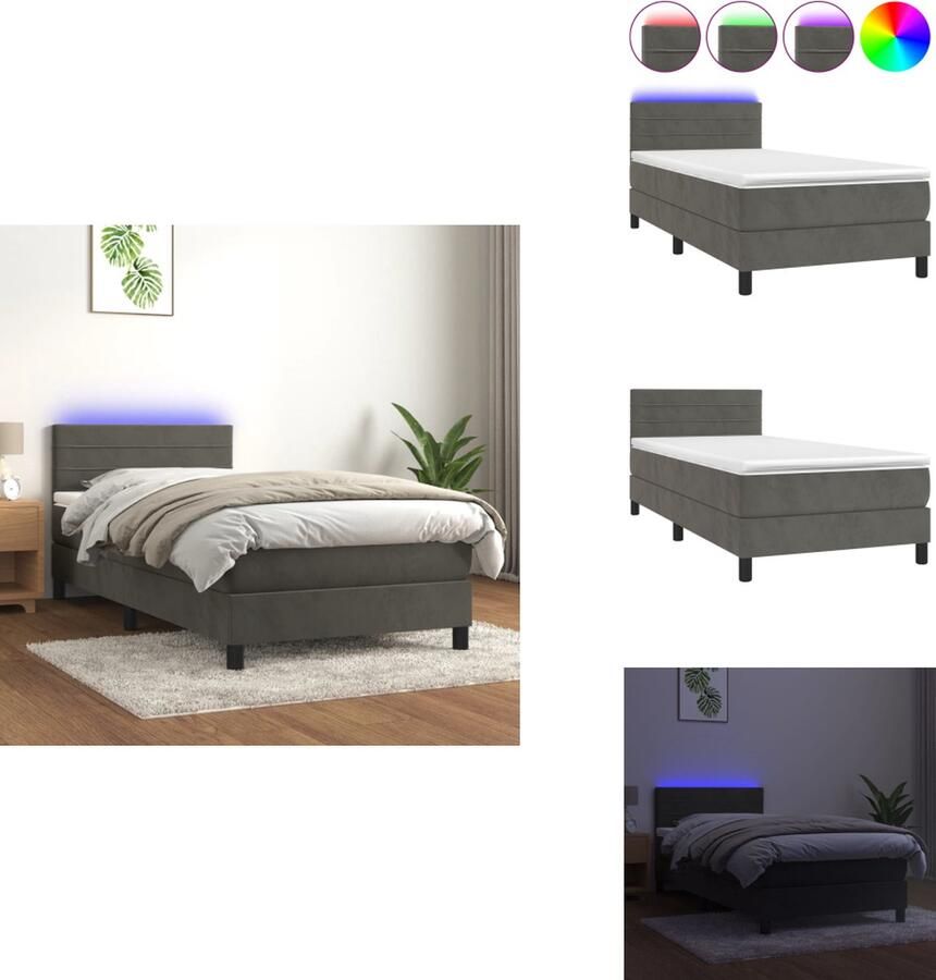 VidaXL Boxspring Bedframe met Matras en LED Donkergrijs Fluweel 203 x 80 x 78 88 cm Verstelbaar hoofdbord Pocketvering matras Huidvriendelijk topmatras Kleurrijke LED-verlichting USB-aansluiting Bed - Foto 2