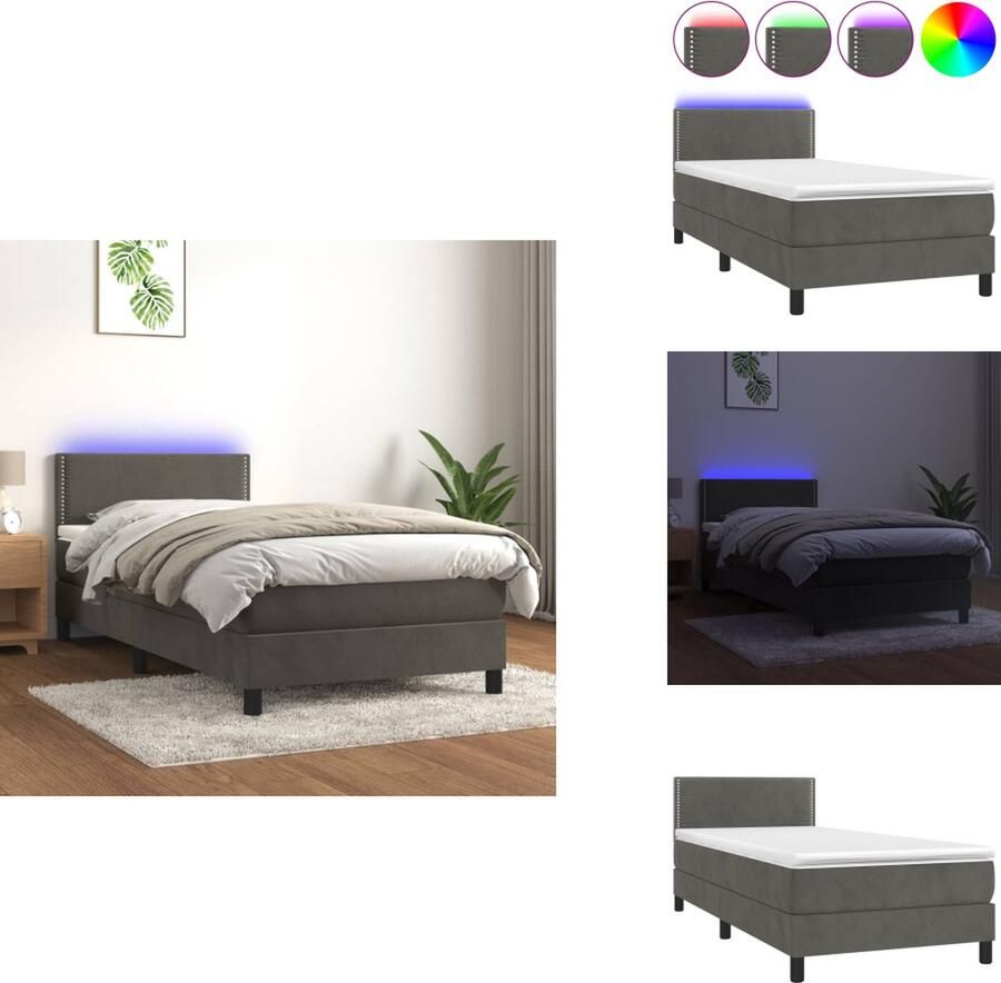 VidaXL Boxspring Bed Donkergrijs Fluweel 193x90x78 88 cm Verstelbaar hoofdbord Kleurrijke LED-verlichting Pocketvering matras Huidvriendelijk topmatras Inclusief montagehandleiding USB-aansluiting Bed