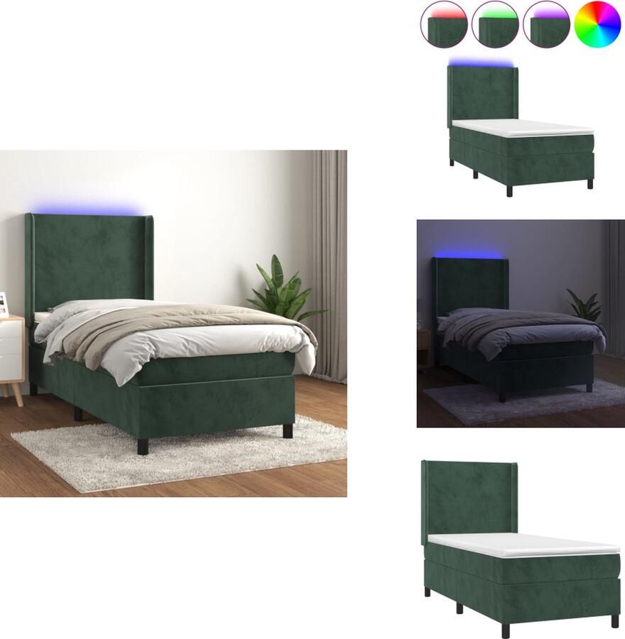 VidaXL Bed Fluweel Donkergroen 203 x 103 x 118 128 cm Verstelbaar hoofdbord Kleurrijke LED-verlichting Pocketvering matras Huidvriendelijk topmatras USB-aansluiting Bed