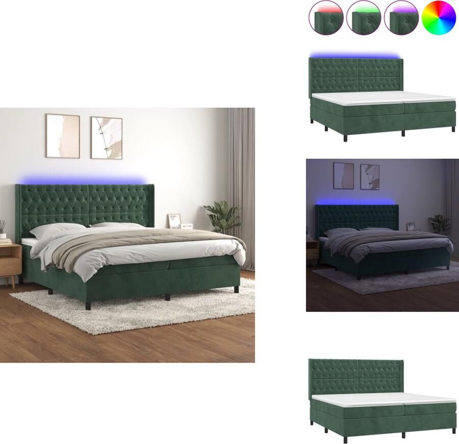 VidaXL Bed Fluweel Donkergroen Boxspring 203x200x78 88 cm Verstelbaar hoofdbord LED-verlichting Pocketvering matras Huidvriendelijk topmatras Bed
