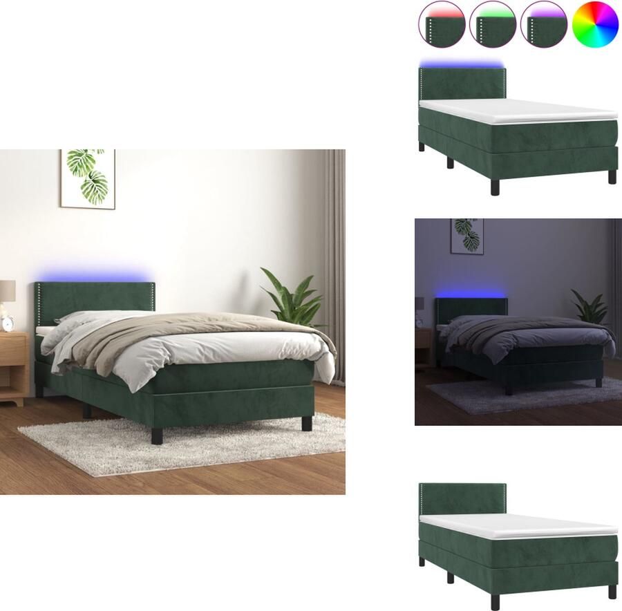 VidaXL Bed fluweel donkergroen 193x90x78 88cm + pocketvering matras 90x190x20cm + bedtopmatras 90x190x5cm + LED-strip 55cm verstelbaar hoofdbord Bed