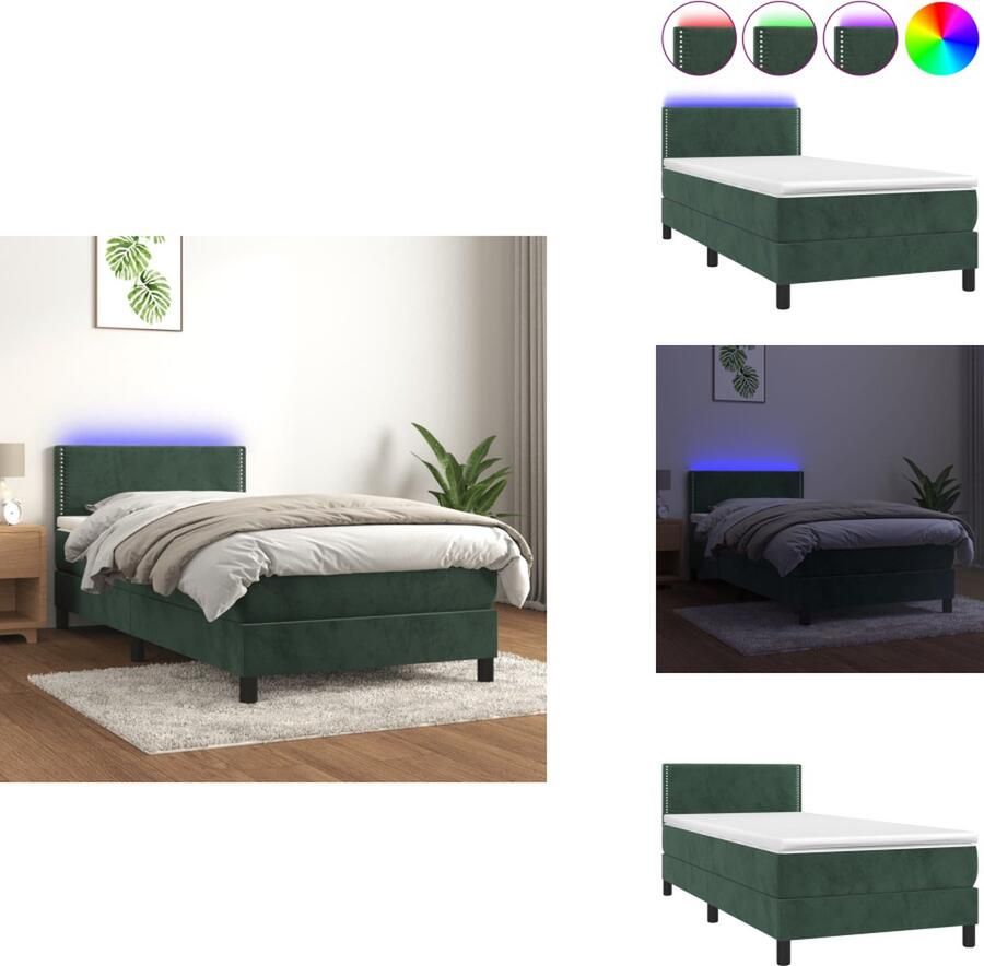 VidaXL Boxspring Donkergroen 203 x 90 x 78 88 cm Fluweel Verstelbaar hoofdbord Kleurrijke LED-verlichting Pocketvering matras Huidvriendelijk topmatras Inclusief montagehandleiding USB-aansluiting Bed