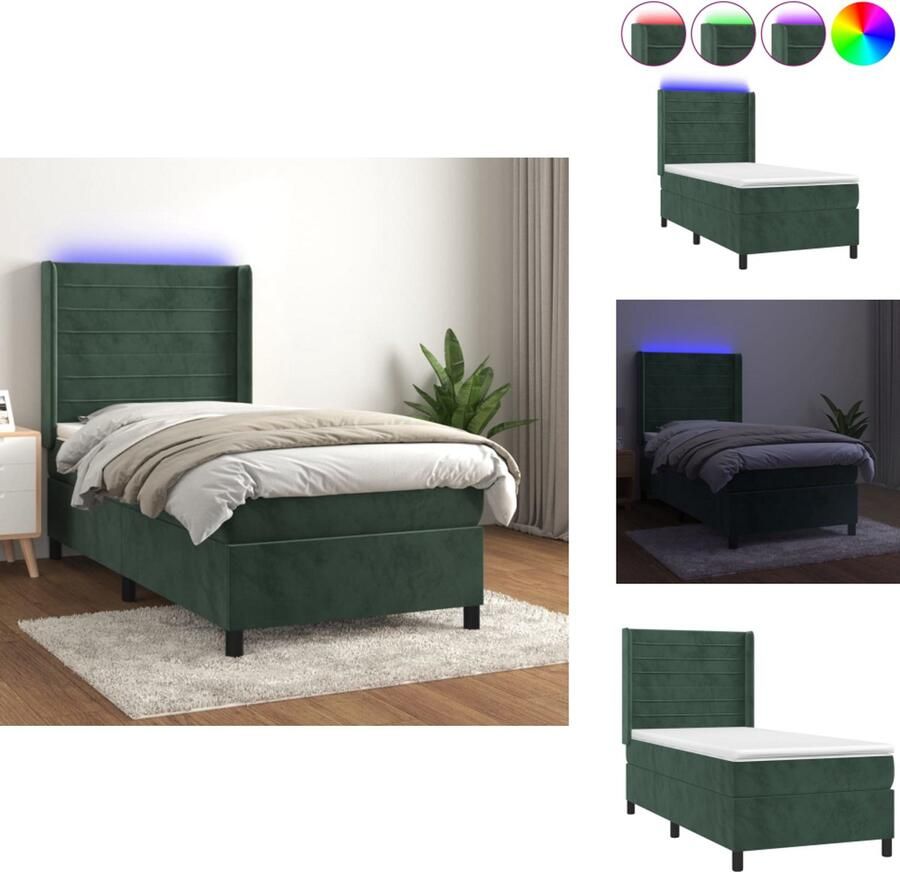 VidaXL Bed fluweel donkergroen 193x90x78 88cm + pocketvering matras 90x190x20cm + bedtopmatras 90x190x5cm + LED-strip 55cm verstelbaar hoofdbord Bed - Foto 2
