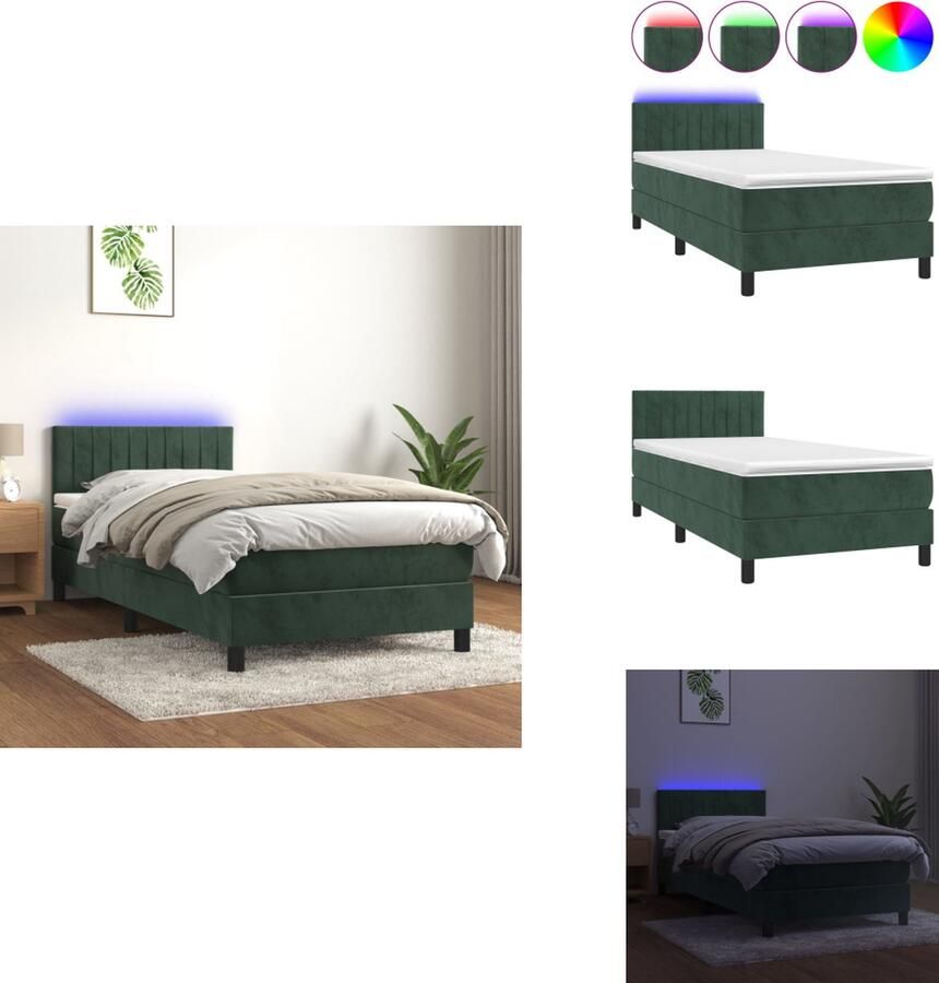 VidaXL Boxspring Donkergroen 203 x 90 x 78 88 cm Fluweel Verstelbaar hoofdbord Kleurrijke LED-verlichting Pocketvering matras Huidvriendelijk topmatras Inclusief montagehandleiding USB-aansluiting Bed - Foto 3