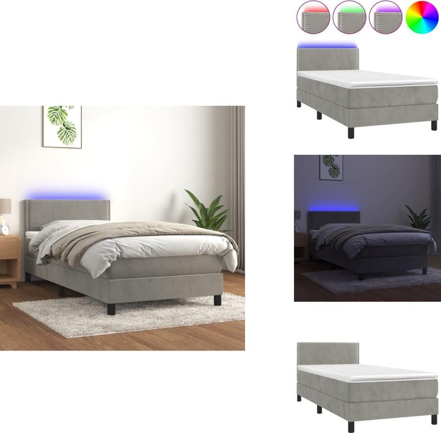 VidaXL Boxspring lichtgrijs 193 x 90 x 78 88 cm fluweel hoofdbord LED-verlichting pocketvering matras huidvriendelijk topmatras Bed