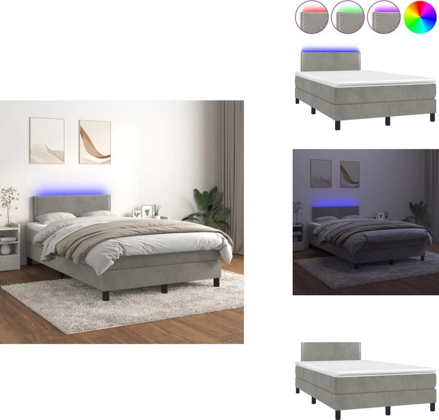 VidaXL Boxspring Fluweel LED-verlichting Pocketvering Huidvriendelijk Lichtgrijs 203x120x78 88cm 120x200x20cm 120x200x5cm 55cm LED-strip Bed