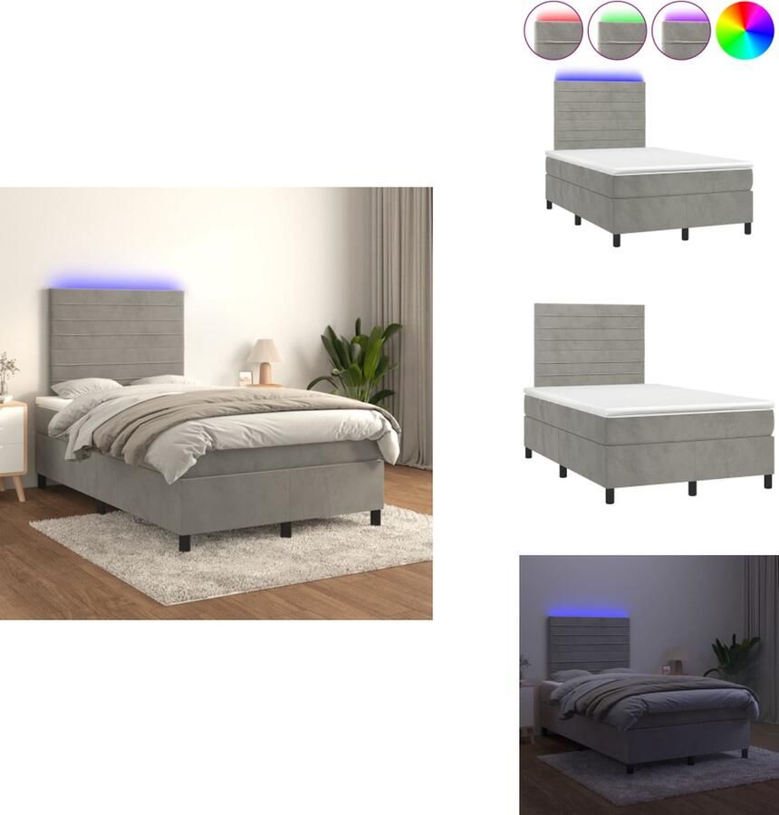 VidaXL Boxspring Fluweel LED-verlichting Pocketvering Huidvriendelijk Lichtgrijs 203x120x78 88cm 120x200x20cm 120x200x5cm 55cm LED-strip Bed - Foto 2