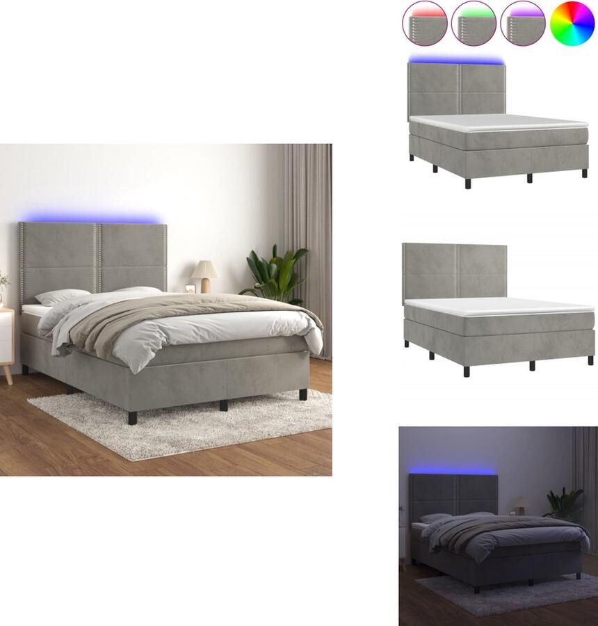 VidaXL Bed Led-Licht Fluweel Lichtgrijs 140x190 Hoofdbord verstelbaar Pocketvering matras Huidvriendelijk topmatras Bed - Foto 1