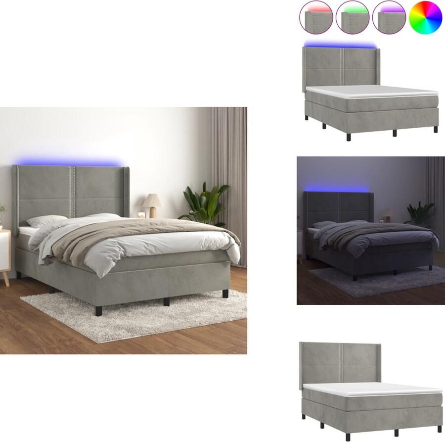 VidaXL Boxspring Bed LED Fluwelen Stof Verstelbaar Hoofdbord Pocketvering Matras Huidvriendelijk Topmatras 193x147x118 128 cm Lichtgrijs Bed