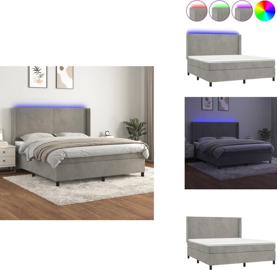 VidaXL Boxspring Bed Fluwelen stof Verstelbaar hoofdbord Kleurrijke LED-verlichting Pocketvering matras Huidvriendelijk topmatras Lichtgrijs 203x160x78 88 cm 160x200x20 cm 160x200x5 cm Incl 2 LED-strips Bed
