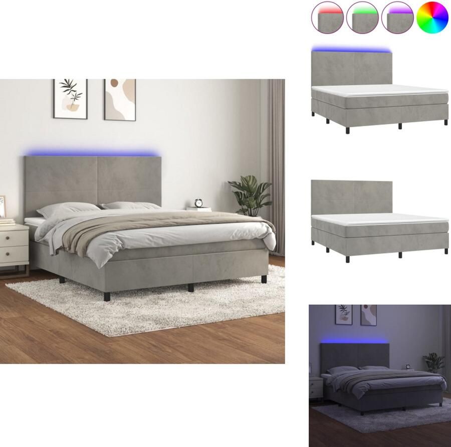 VidaXL Boxspringset Lichtgrijs fluweel 180x200 cm Verstelbaar hoofdbord LED-verlichting Pocketvering matras Huidvriendelijk topmatras Bed