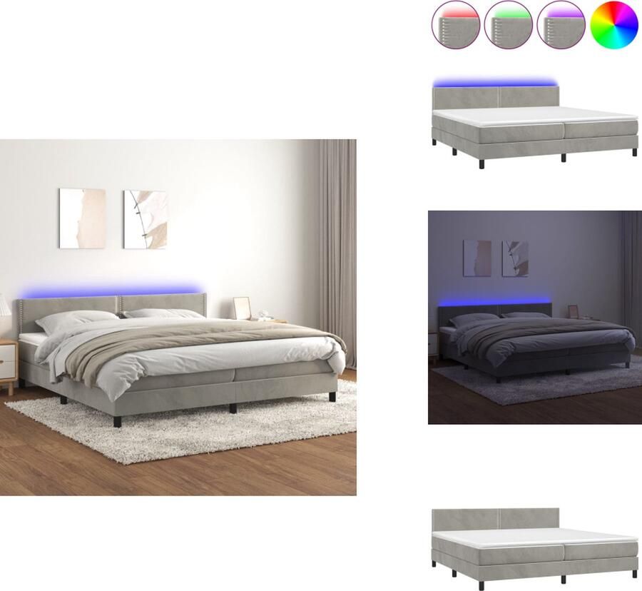 VidaXL Boxspring Bed Lichtgrijs Fluweel 203 x 200 x 78 88 cm Verstelbaar hoofdbord Kleurrijke LED-verlichting Pocketvering matras Huidvriendelijk topmatras Inclusief montagehandleiding USB-aansluiting Bed - Foto 2