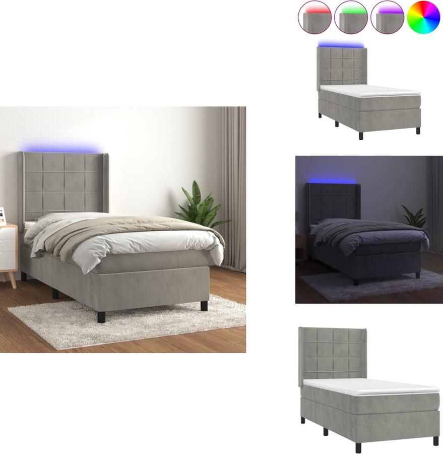VidaXL Boxspring Bed Lichtgrijs fluweel 193 x 93 x 118 128 cm LED-verlichting + pocketvering matras 90 x 190 cm Bedtopmatras Met montagehandleiding Bed