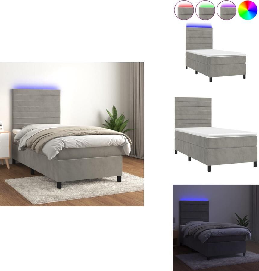 VidaXL Bedframe Boxspring LED 193x90x118 128 cm Zacht fluweel Verstelbaar hoofdbord Pocketvering matras Huidvriendelijk topmatras Lichtgrijs Bed